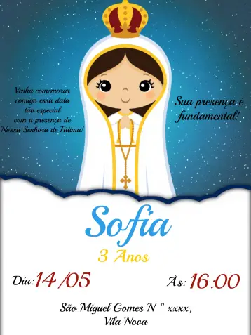 Convite Nossa Senhora De Fátima Azul editável e personalizável