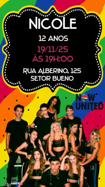 Convite Now United para aniversário de crianças e adolescentes. – tema aniversário (colorido, moderno, jovial, divertido, tropical, festivo)