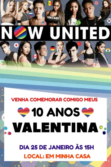 Convite Now United para cumpleaños animados y fiestas temáticas. – tema más buscados (moderno, vibrante, musical, joven, colorido)