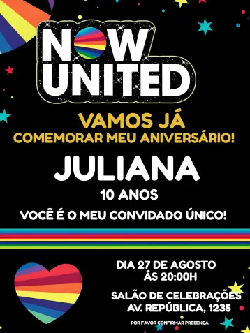 Convite Now United Amarelo editável e personalizável