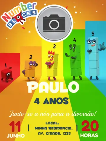 Convite Numberblocks Con Foto Blanco para cumpleaños infantil con tema numberblocks. – tema más buscados (colorido, divertido, infantil, moderno, temático, educativo)