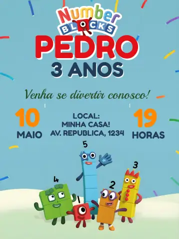 Convite Numberblocks Laranja para aniversário infantil ou festa temática. – tema mais pesquisados (colorido, divertido, lúdico, infantil, moderno)
