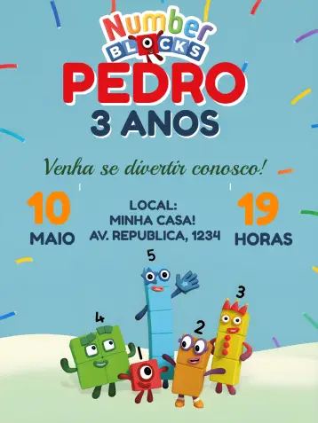 Convite Numberblocks Laranja editável e personalizável