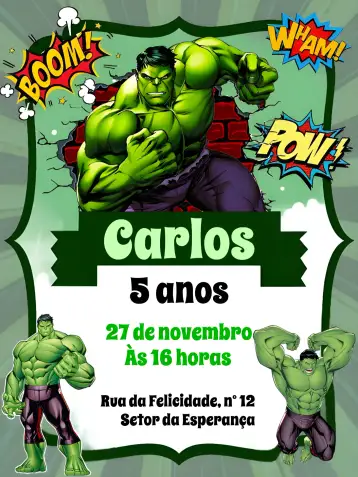 Convite O Incrível Hulk Faixa para aniversário infantil com tema do hulk. – tema mais pesquisados (verde, moderno, dinâmico, temático, urbano, divertido)