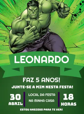 Convite O Incrível Hulk Heróis editável e personalizável