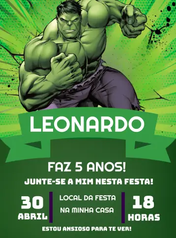 Convite O Incrível Hulk Heróis para aniversário infantil com tema de super-heróis. – tema mais pesquisados (verde, moderno, quadrinhos, aventura, super-heróis)