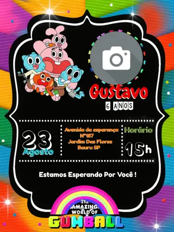Convite El Increíble Mundo De Gumball Con Foto Incinerable para cumpleaños infantil y fiestas temáticas. – tema más buscados (colorido, divertido, moderninho, infantil, animado)