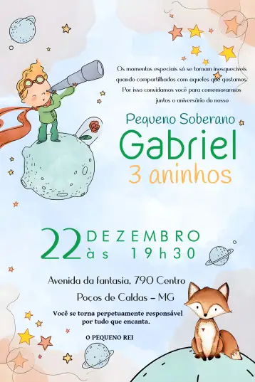 Convite O Pequeno Príncipe Infantil para aniversário infantil. – tema mais pesquisados (colorido, lúdico, ilustrações infantis, romântico, sonhador)