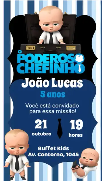 Convite O Poderoso Chefinho para aniversário infantil com tema o poderoso chefinho. – tema aniversário infantil (colorido, divertido, infantil, moderno, temático)