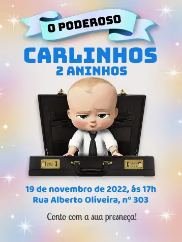 Convite El Poderoso Jefe para cumpleaños infantil – tema más buscados (azul, divertido, animado, infantil, moderno)