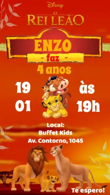 Convite O Rei Leão para aniversário infantil – tema aniversário infantil (selva, animais, vibrante, colorido, divertido, temática Disney)