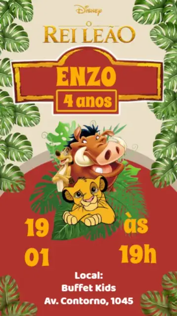 Convite O Rei Leão para aniversário infantil com tema o rei leão. – tema aniversário infantil (colorido, temático, divertido, animais, natureza, aventura)