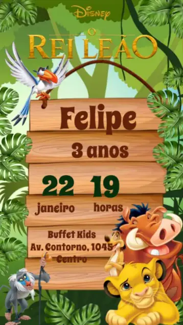 Convite O Rei Leão para aniversário infantil – tema aniversário infantil (temática de savana, cores quentes, ilustrações alegres, estilo cartoon, elementos da natureza, aventura)