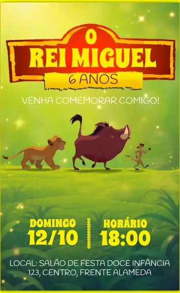 Convite O Rei Leão Amarelo para aniversário infantil – tema aniversário infantil (cores vibrantes, selva, personagens Disney, estilo infantil, divertido, colorido)