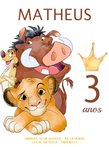 Convite El Rey León Acuarela Disney para cumpleaños infantil con tema el rey león. – tema cumpleaños infantil (acuarela, colorido, temático, divertido, infantil, naturaleza)