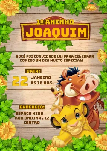 Convite El Rey León Disney Reileón para cumpleaños infantil con temática el rey león. – tema más buscados (vibrante, temático, colorido, divertido, animal, naturaleza)