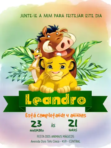 Convite O Rei Leão Nala – tema Aniversário Infantil selva, colorido, animal print, infantil, aventura, Disney