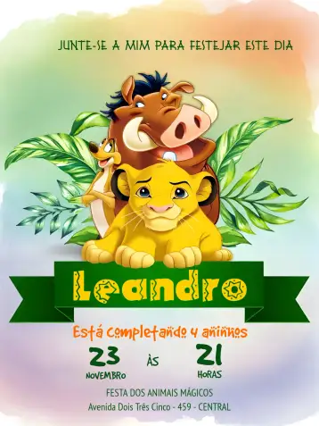 Convite O Rei Leão Nala para aniversário infantil – tema aniversário infantil (selva, colorido, animal print, infantil, aventura, Disney)