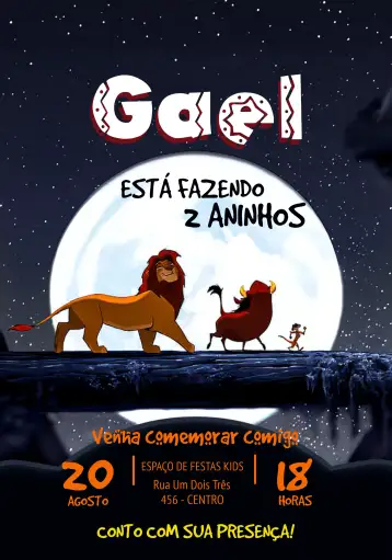 Convite O Rei Leão Selva para aniversário infantil com tema o rei leão. – tema aniversário infantil (selva, animais, cores vibrantes, aventura, festa temática, diversão)