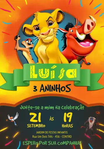 Convite El Rey León Timón para cumpleaños infantil con tema el rey león. – tema cumpleaños infantil (selva, aventura, colorido, divertido, Disney, infantil)