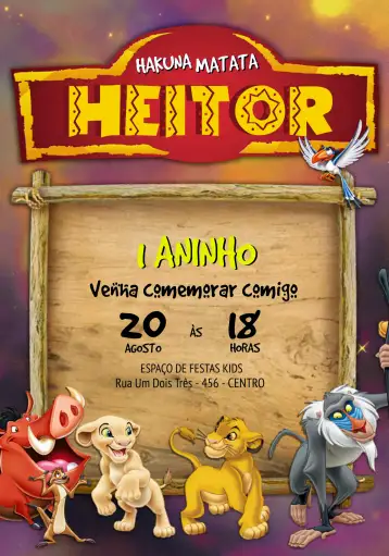 Convite O Rei Leão Verde para aniversário infantil – tema aniversário infantil (selva, colorido, divertido, animais, tropical)