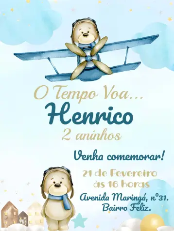 Convite O Tempo Voa Ursinho Baloeiro editável e personalizável