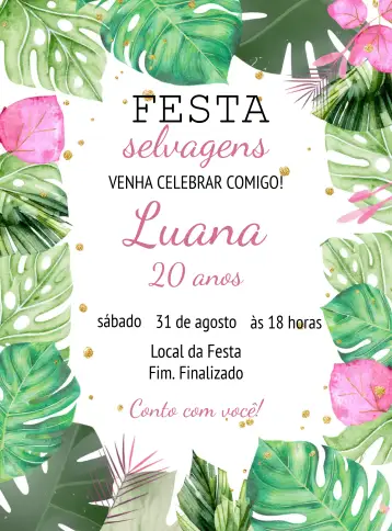 Convite Tropical Glamour Jaguar para adult birthday with tropical and glamour theme. – tema birthday (tropical, glamorous, pink, animal print, modern)