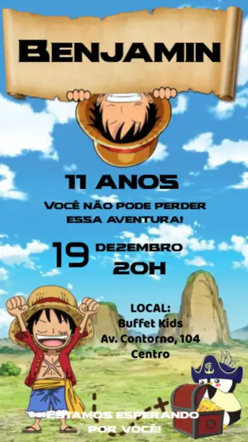 Convite One Piece para aniversário infantil – tema aniversário infantil (colorido, pirata, aventura, divertido, infantil)