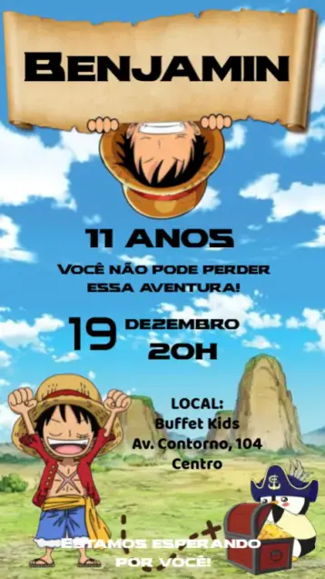 Convite One Piece editável e personalizável