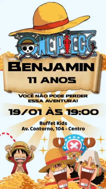 Convite One Piece editável e personalizável