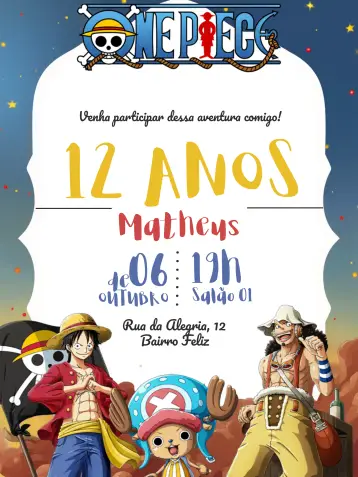Invitación One Piece editable y personalizable