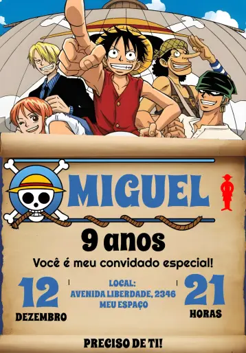 Convite One Piece Branco editável e personalizável
