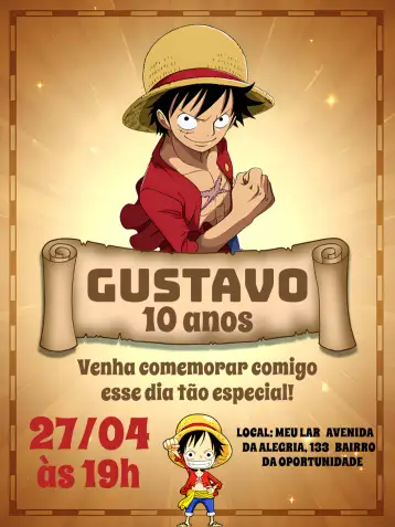 Convite One Piece D para cumpleaños infantil con tema de one piece. – tema más buscados (rojo, dorado, pirata, animado, aventura)