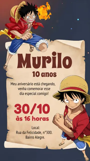 Convite One Piece Luffy editável e personalizável