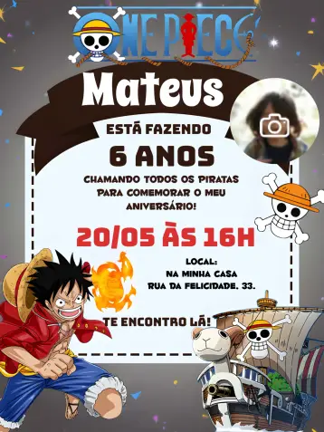 Invitación One Piece Luffy Con Foto Monkey editable y personalizable
