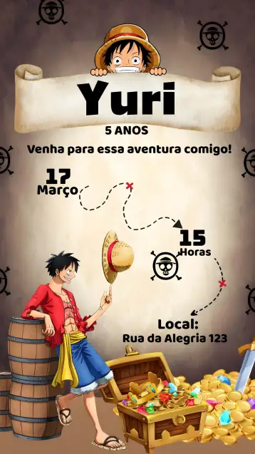 Convite One Piece Netflix para aniversário de fãs de anime e festas temáticas. – tema mais pesquisados (colorido, aventura, anime, moderno, divertido)