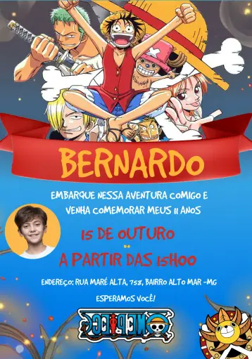 Convite One Piece Pirata editável e personalizável