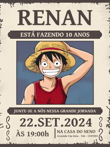 Convite One Piece Wanted Onepiece para cumpleaños infantil con temática de one piece. – tema más buscados (aventura, pirata, marrón, anime, divertido, temático)