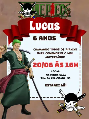 Convite One Piece Zoro Dibujo para cumpleaños infantil con temática de one piece. – tema más buscados (verde, anime, pirata, divertido, colorido, aventura)