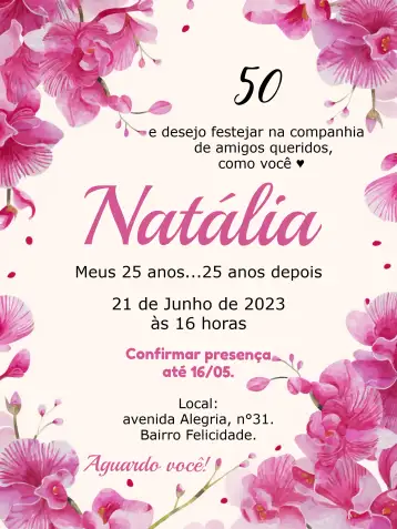 Convite Orchid 50 para 50th birthday – tema birthday (floral, elegant, modern, colorful, romantic, chic)
