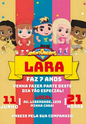 Convite The Adventurers Adventuress para children's birthday with adventure theme. – tema most searched for (vibrant red, adventure, youthful, fun, character illustrations, modern style)