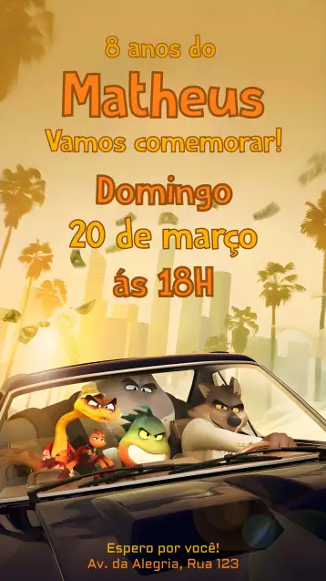 Convite The Bad Guys 2 para 15th birthday with an animated movie theme. – tema sweet 15 (orange, modern, fun, youthful, themed)