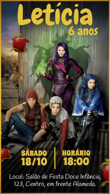 Convite Os Descendentes Roxo para aniversário infantil – tema aniversário infantil (roxo, amarelo, moderno, infantil, temático)