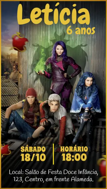 Convite Os Descendentes Roxo editável e personalizável