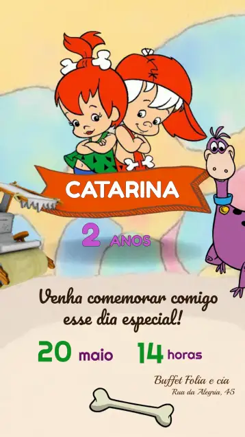 Convite Os Flintstones Infantil para aniversário infantil com tema os flintstones. – tema aniversário infantil (colorido, divertido, temático, pré-histórico, brincalhão)