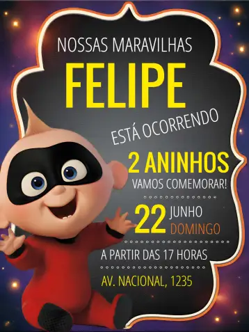 Convite Os Incríveis Laranja para aniversário infantil e festas temáticas. – tema mais pesquisados (vibrante, divertido, moderno, temático, colorido, infantil)