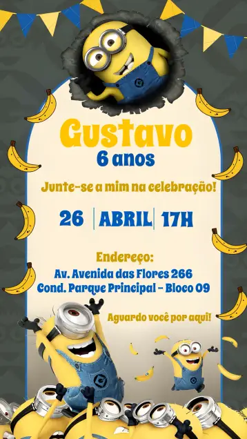 Convite Os Minions Bananas editável e personalizável