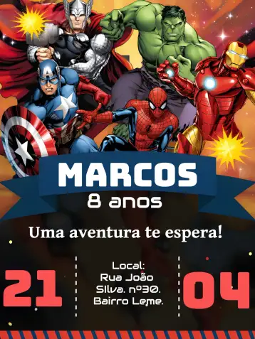Convite Os Vingadores Amarelo para aniversário infantil com tema de super-heróis. – tema mais pesquisados (amarelo, moderno, super-heróis, colorido, dinâmico)