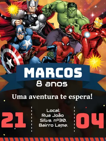 Convite Os Vingadores Amarelo editável e personalizável