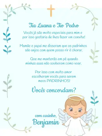Convite Padrinhos De Batismo Anjinho Menino editável e personalizável